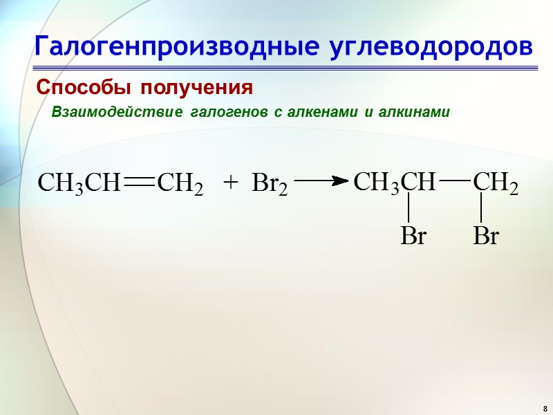 8 Галогенпроизводные углеводородов Способы получения Взаимодействие галогенов с алкенами и алкинами